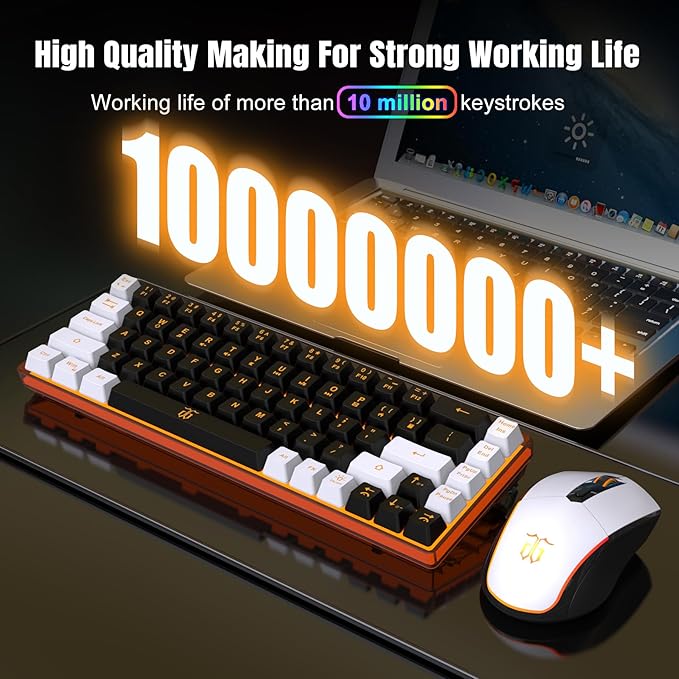 Snpurdiri 60% Wireless Gaming Keyboard and Mouse Combo,Orange Backlit Rechargeable 2000mAh Battery,Mini Mechanical Feel Anti-ghosting Keyboard + Popular RGB Mice for Gaming, Office(Black-White)