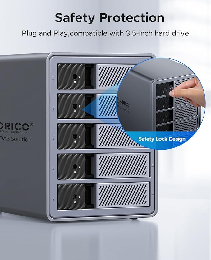 ORICO 5 Bay DAS Hard Drive Enclosure USB 3.0 for SATA 3.5 inch SSDs HDDs Bracket-Free External Hard Drive Bay Max up to 110TB ( Alluminum Alloy) -9858U3