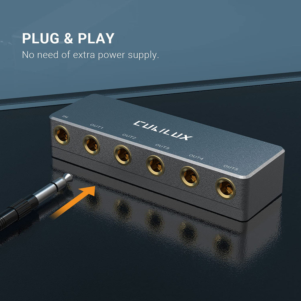 Cubilux 5-Way Quarter Inch Signal Splitter, Passive 1/4” Audio Splitter, 6.35mm Multiport Aux Splitter Box for Instruments, Bass Guitar, Keyboard, Headphones, Studio Monitor, Speaker, Amplifier
