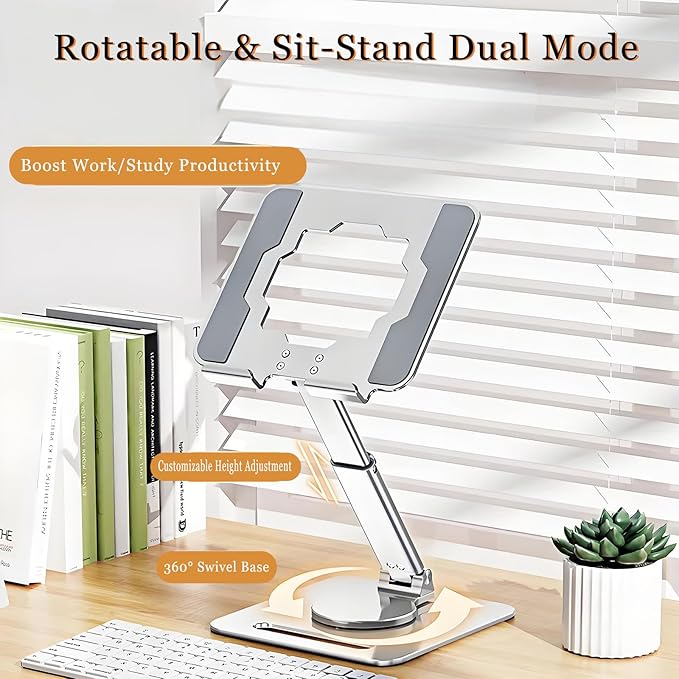 GuaziV 360° Rotating Tablet Stand - Adjustable iPad Tablet Holder for Desk, Foldable iPad Swivel Stand for Home & Office (Polished Silver)