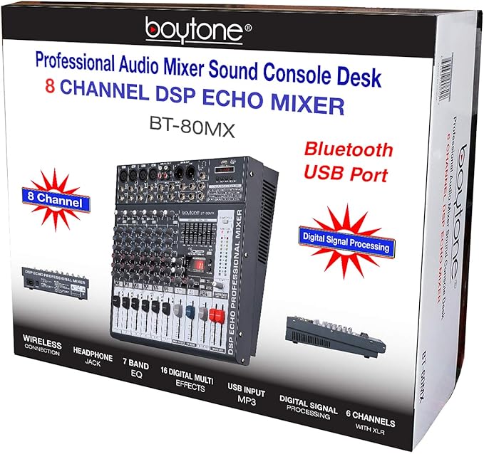 Boytone Dj Mixers 8 Channel Audio Mixer Sound Board with Bluetooth, USB MP3 Port Player with 48V Phantom Power Sounds Mixer with 16 Bit FX Effect, BT-80MX