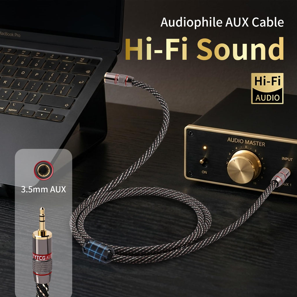 YYTCG Audiophile HiFi Audio Cable–3.5mm to 3.5mm,6N OFC Core,24K Gold-Plated Plugs,with Nylon Braid,AUX Cable,Compatible with Phone,MP4,Speakers,Amplifiers,TV(3.28ft/1m)