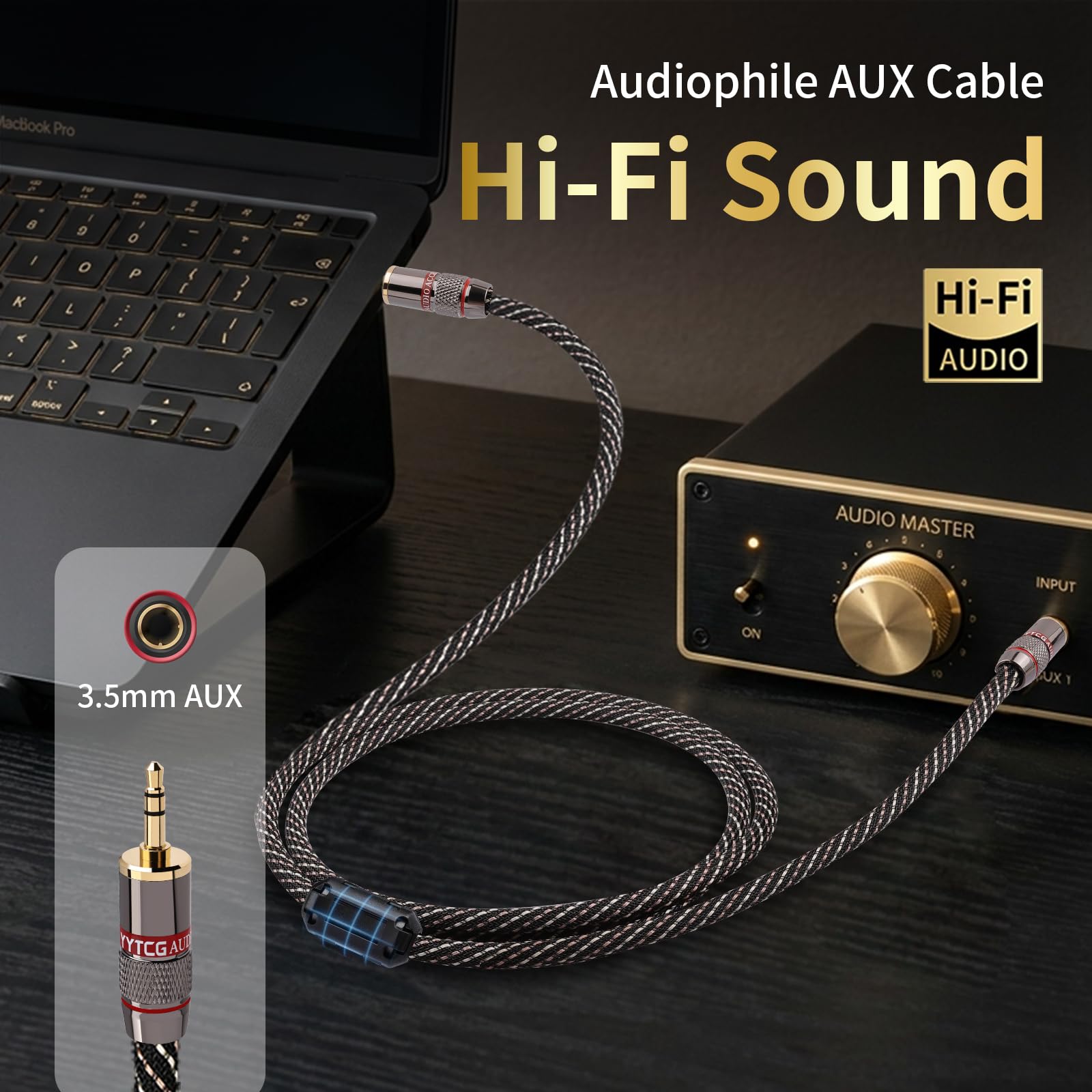 YYTCG Audiophile HiFi Audio Cable–3.5mm to 3.5mm,6N OFC Core,24K Gold-Plated Plugs,with Nylon Braid,AUX Cable,Compatible with Phone,MP4,Speakers,Amplifiers,TV(3.28ft/1m)