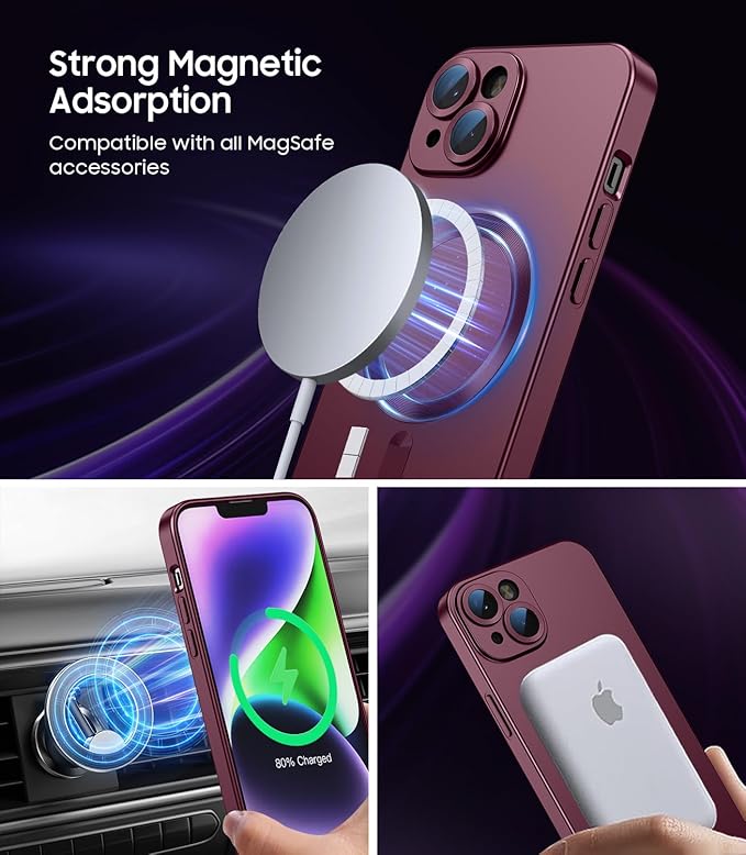 Magnetic for iPhone 14 Case [Compatible with MagSafe][Built-in Camera Lens Protector] Slim Soft Silicone Bumper Shockproof Metallic Luster Phone Case (Burgundy)