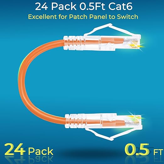 Rapink Patch Cables Cat6/ Cat6a 0.5ft (24 Pack) Slim, Cat6a Ethernet Patch Cable 10G Support, Snagless Cat 6 Patch Cable for Patch Panel to Switch, Flexiable Cat6 Ethernet Cable Orange