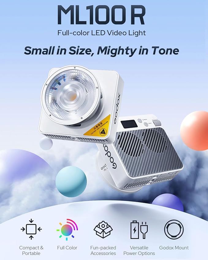 Godox ML100R 110W RGB Portable LED Video Light, 1800K-10000K, Full HSI & CCT 1800K–10,000K, CRI 95+, 14 FX, App/Onboard Control, Compact Pocket Light for Filmmaking, Live Streaming, Video Photography