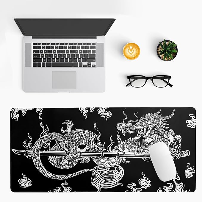 Dragon Gaming Mouse Pad - Black, Large (31.5x11.8 Inch), Non-Slip Base, Stitched Edge for Gaming & Office