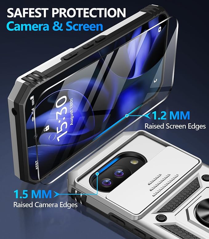 Taisairu for Google Pixel 9A Case with Screen Protector & Slide Camera Lens Cover, Built-in 360°Rotate Magnetic Ring Stand Shockproof Protective Phone Case for Google Pixel 9A Case (Silver)