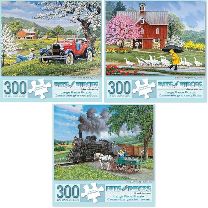 Bits and Pieces – Value Set of Three 300 Piece Jigsaw Puzzles for Adults – Old Country Farm Town Jigsaw Puzzles by Artist John Sloane, Completed Puzzle Size: 16" x 20"