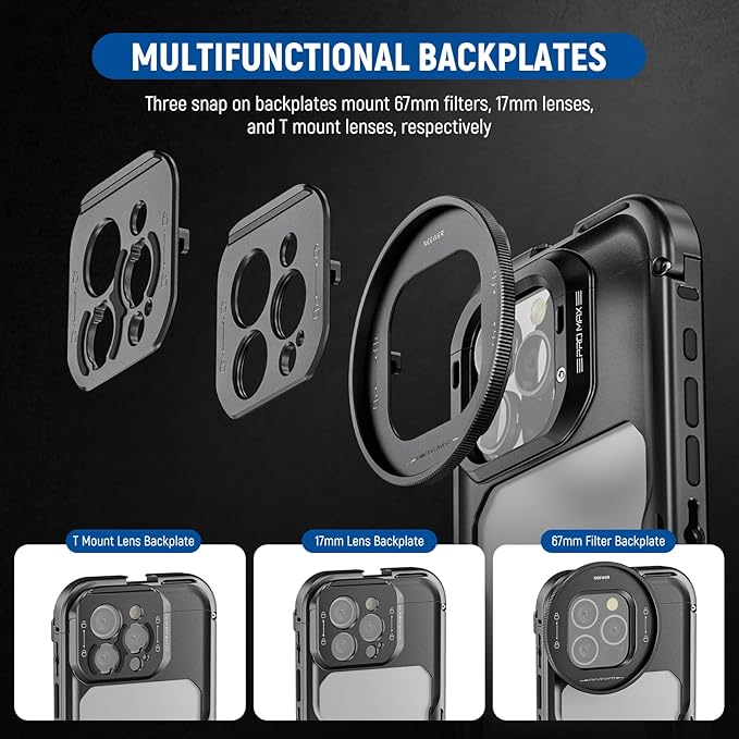 NEEWER 16 Pro Max Cage, Quick Release Video Rig Phone Stabilizer Compatible with iPhone 16 Pro Max with 67mm Filter Adapter, 17mm Lens Backplate, T Mount Lens Adapter Compatible with Moment, PA074