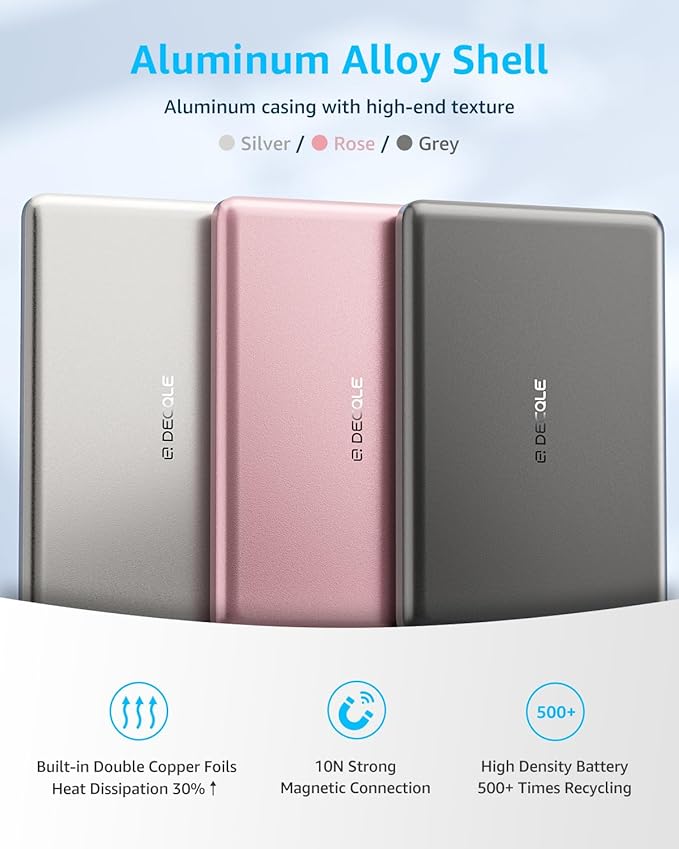 “Air” Power Bank for MagSafe 5000mAh, Ultra Slim Magnetic Wireless Portable Battery Charger Case with USB-C Cable, Compatible with iPhone 17/16/15/14/13/12 Series Only (Grey)