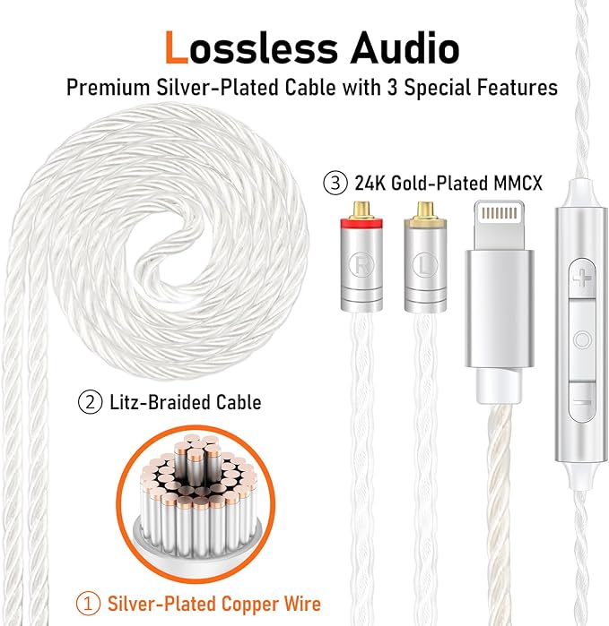 Vibes 202ML Wired Earbuds - HiFi in Ear Headphones for iPhone 5–14, Noise-Isolating Ear Buds w/ Mic - Clear Sound, Deep Bass, Comfort-Fit Earphones - MMCX–Lightning, Silver Plated Cord, Carrying Case
