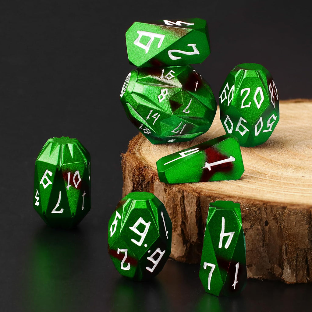 FONVGOGO Metal DND Dice for Dungeons and Dragon, Metal Dice Set D and D with Cardboard Box Unique Cool RPG Polyhedral Dice for Role Playing Tabletop Games Gifts (Black Green)