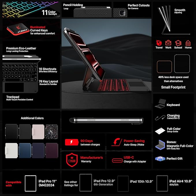 typecase Edge Keyboard Case for iPad Pro 11-inch(M4)2024,Magic Keyboard with 11 Colors Backlight for iPad Pro 11,Keyboard Case with Pencil Holder,Built-in Trackpad,Easy-Set Magnetic Stand,Carbon Fiber