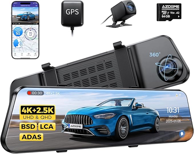 AZDOME PG17 Max 4K+2.5K Mirror Dash Cam with ADAS, BSD and LCA, 12" Rear View Mirror Camera with 5GHz WiFi and Voice Control, Rearview Mirror Backup Camera Includes 64GB Card, GPS, Parking Monitor