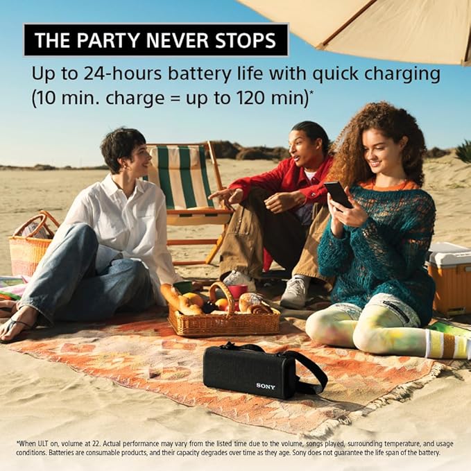 Sony ULT Field 3 Wireless Portable Bluetooth Speaker, IP67 Waterproof, Dustproof, Rustproof, and Shockproof with Enhanced Bass, 24 Hour Battery and Shoulder Strap (SRSULT30B), Black