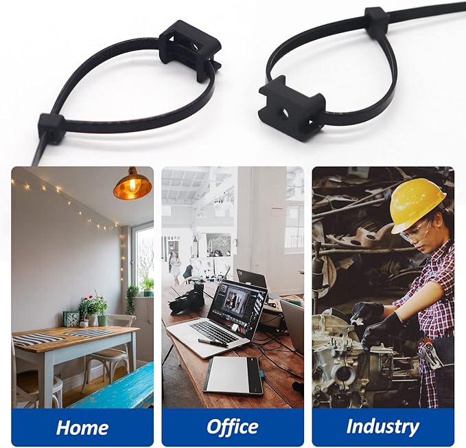 Cable Zip Tie Mounts Kit - 60 Set Wire Cable Clips Organizer Holders with 8" Cable Ties, Saddle Type Mounts Base and Tapping Screw, Black