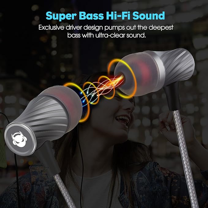 Super Bass Wired Earbuds with Microphone – Noise Cancelling, Deep Bass Ear Buds for Gaming, Travel, Work – Comfortable, Durable Wired Earphones with Mic, Compatible with iPhone, Samsung