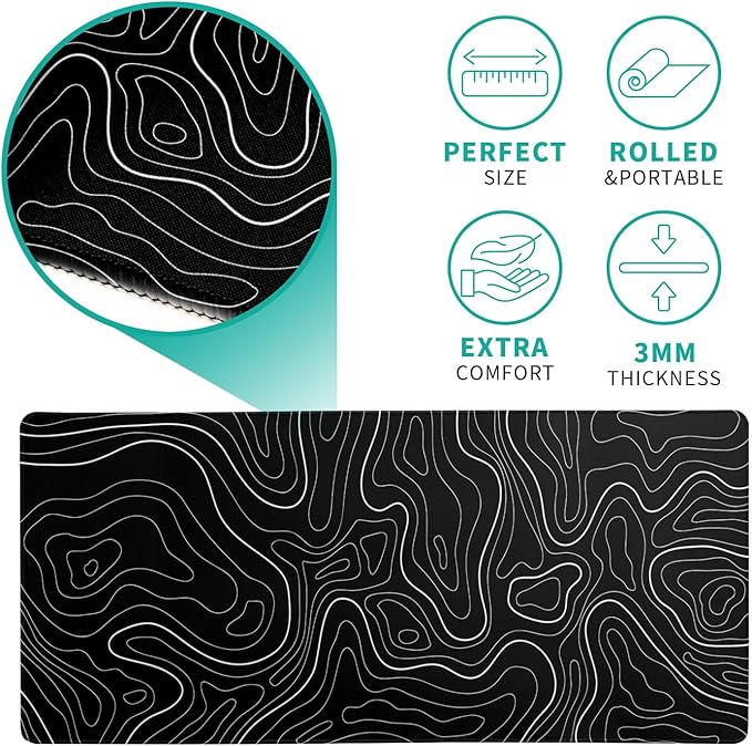 Topographic Contour Black Gaming Mouse Pad XL Geographic Map Lines Extended Big Large Desk Mat Non-Slip Rubber Base Stitched Edge Long Keyboard Mousepad for PC Computer Laptop,31.5x11.8 Inch