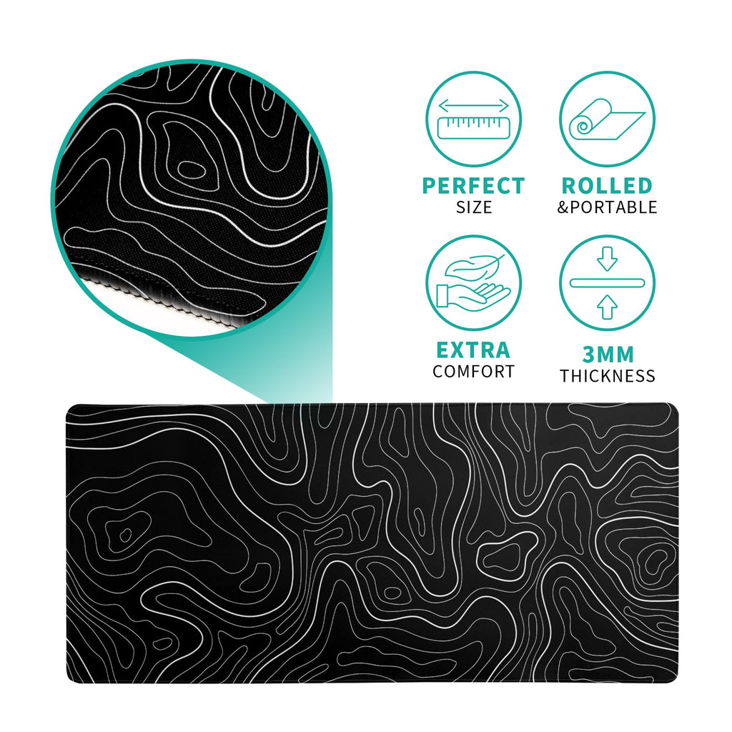 Topographic Contour Black Gaming Mouse Pad XL Geographic Map Lines Extended Big Large Desk Mat Non-Slip Rubber Base Stitched Edge Long Keyboard Mousepad for PC Computer Laptop,31.5x11.8 Inch
