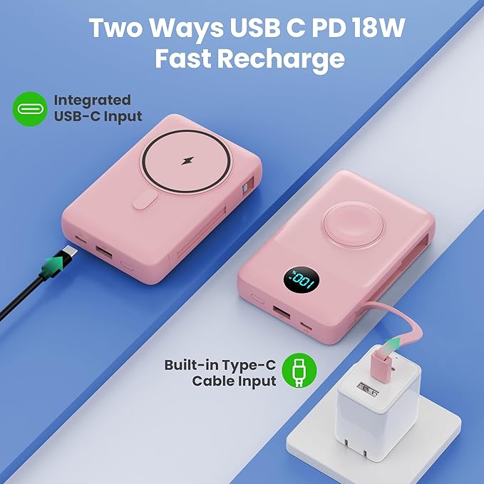 Magnetic Portable Charger 10800mAh with Built-in Cables, 6-in-1 Wireless Power Bank with iWatch Charger, 25W PD Fast Charging USB C Battery Pack for iPhone 16/15/14/13/12,Apple Watch(Pink)