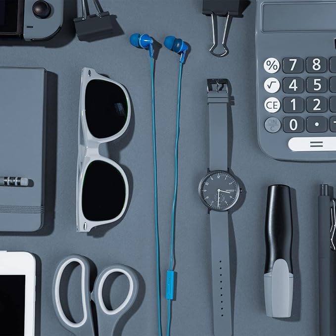 Panasonic ErgoFit Wired Earbuds With Microphone, 3.5mm Jack Wired Headphones with Mic and Call Controller, Ergonomic Custom-Fit Earpieces (S/M/L), for Phones and Laptops - RP-TCM125-A (Blue)