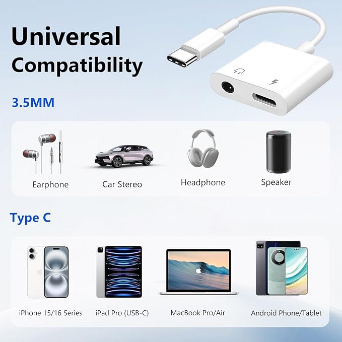 Seulliya USB C to 3.5mm Headphone Jack and Charger Adapter, 2-in-1 Audio & Fast Charging Splitter for Apple iPhone 17/16/15/Pro/Pro Max, iPad, Samsung, Pixel, and More 1Pack
