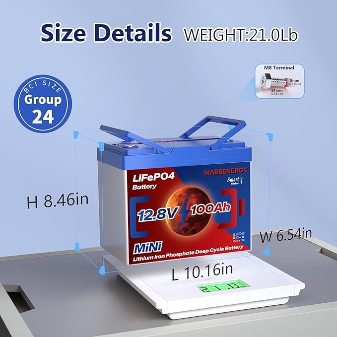 12V 100Ah Lifepo4 Battery, Bci Group 24, Built-In 100A Smart BMS, 4500 To 15000 Deep Cycle Grade A Cells Lithium Battery For Rv, Trolling Motor, Marine, Home Energy Storage, Solar Panel System (BT1PC)
