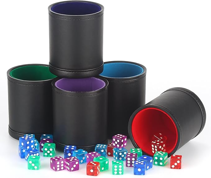 RERIVER 5 Pack PU Leather Dice Cups Velvet Felt-Lined Shaker Cups with 30 Dot Dice for Bar Party Yahtzee Farkle Dice Games