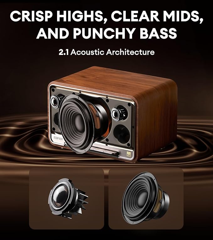 Edifier D32 Tabletop Wireless Speaker, Hi-Res Audio, LDAC, ALAC, 60W (RMS), 2.1 Acoustic Architecture, 11h Playtime, APP Control, Bluetooth 5.3, AirPlay2, USB-C and AUX Inputs, Brown