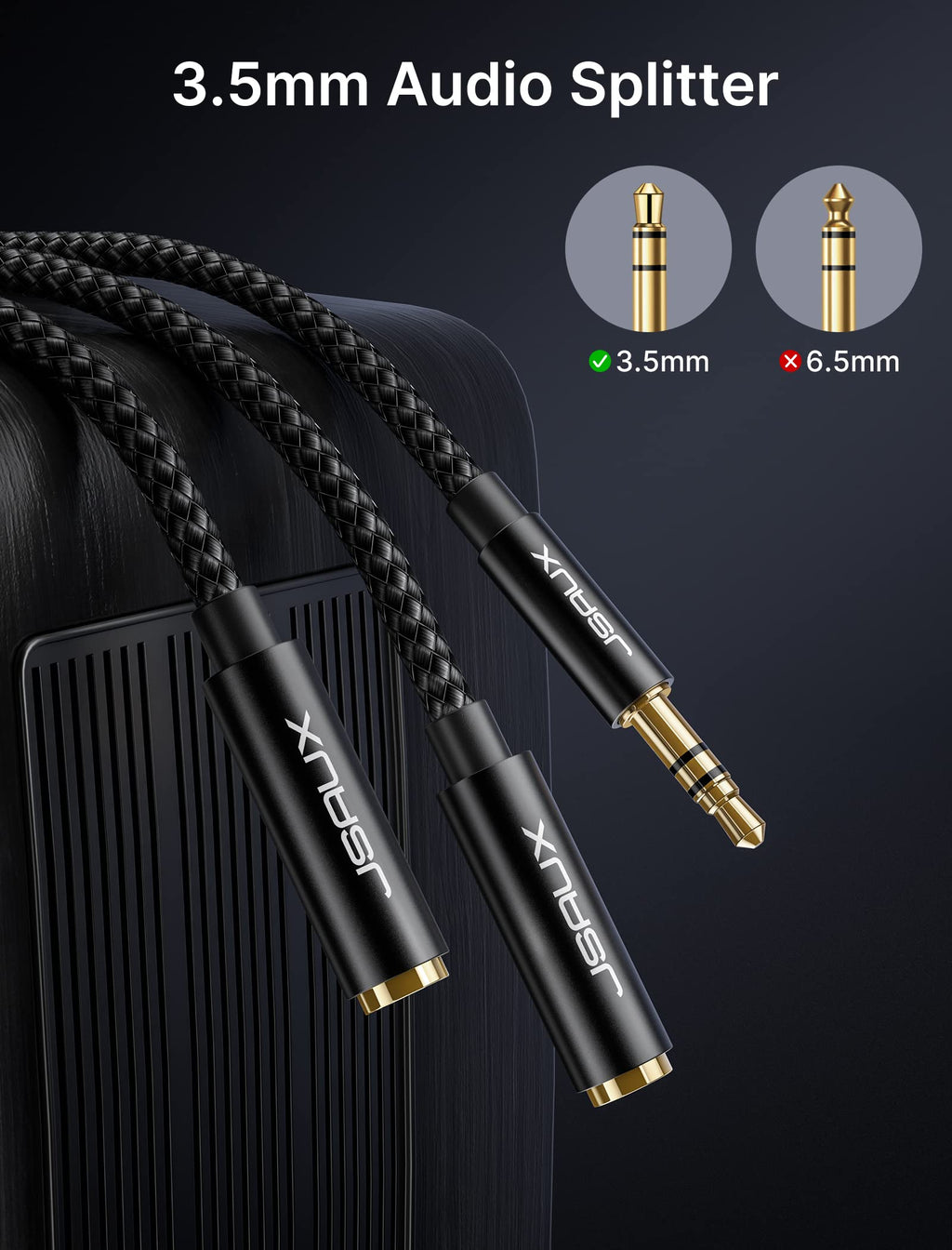 JSAUX Headphone Splitter for 2 Headphones, 3.5mm Splitter (No Mic), Black
