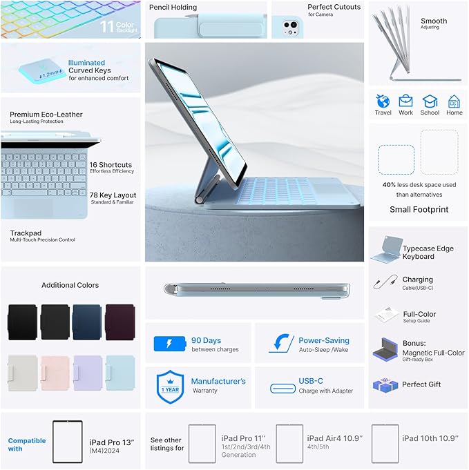 typecase Keyboard Case for iPad Pro 13-inch (M4) 2024,Magic Keyboard with 11 Colors Backlight for iPad Pro 13,Keyboard Case with Pencil Holder,Multi-Touch Trackpad, Easy-Set Magnetic Stand,Light Blue