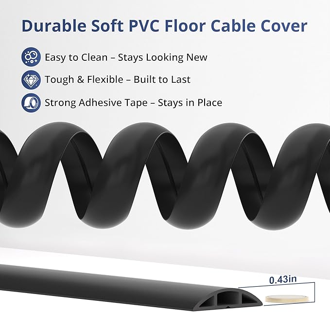 ZhiYo 10ft Cord Covers for Wires on Floor, Cord Hider Floor Hide Extension Cords, Soft PVC Cable Cover Cable Protector, Cable Cavity W0.62in, H0.31in, Black