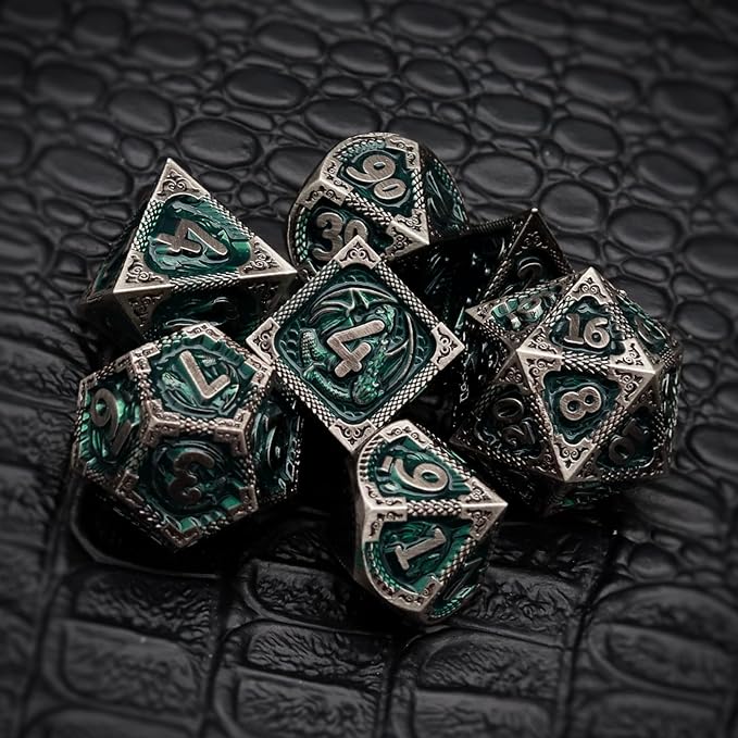 Haxtec DND Dice Set Metal D&D Dice Set with Leather Dice Bag Antique Iron Green Metal Polyhedral Dice Compatible with Dungeons and Dragons TTRPG Gifts