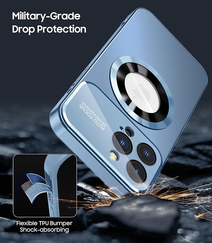 Magnetic for iPhone 16 Pro Max Case, Compatible with MagSafe, Built-in Camera Lens Protector, Logo View, Military Grade Drop Protection Phone Cover, Sierra Blue
