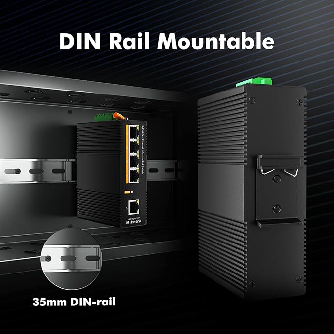 MokerLink 5 Port PoE Industrial DIN-Rail Network Switch, 60W IEEE802.3af/at PoE Power, 10/100Mbps Fast Ethernet, IP40 Rated Network Switch (-40 to 185°F), with UL Power Supply