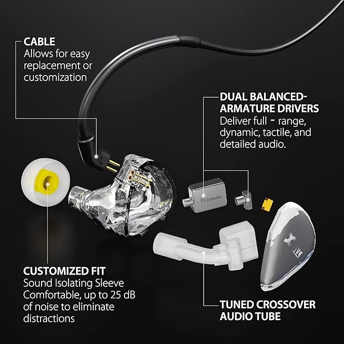 Xvive T9 in-Ear Monitor Dual Knowles BA Drivers IEM for Studio, Band Rehearsal,Live Performance (T9)