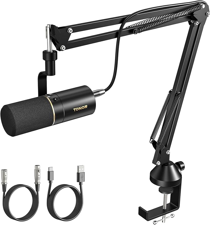 TONOR Dynamic Microphone, XLR/USB Microphone for Podcast, Recording, Streaming, Gaming, XLR Cardioid Studio Mic with Quick Mute, 3.5mm Headphone Jack, Volume Control, Mic with Boom Arm, White, TD510+