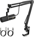 TONOR Dynamic Microphone, XLR/USB Microphone for Podcast, Recording, Streaming, Gaming, XLR Cardioid Studio Mic with Quick Mute, 3.5mm Headphone Jack, Volume Control, Mic with Boom Arm, White, TD510+
