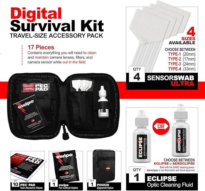 Photographic Solutions Digital Survival Kit - Type-1 (20mm) Sensor Swabs, PEC-PAD Photo Wipes, E-Wipe Packet, Aeroclipse Optic Cleaner Non-Flamable Solution - Camera Cleaning Kit with Travel Bag