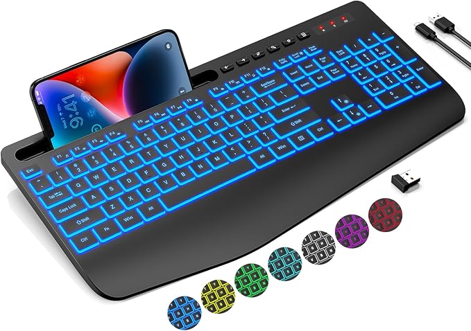 Trueque Wireless Keyboard with 7 Colored Backlits, Wrist Rest, Phone Holder, Rechargeable Ergonomic Keyboard with Silent Light Up Keys, Cordless Computer Keyboard for Windows, Mac, Laptop