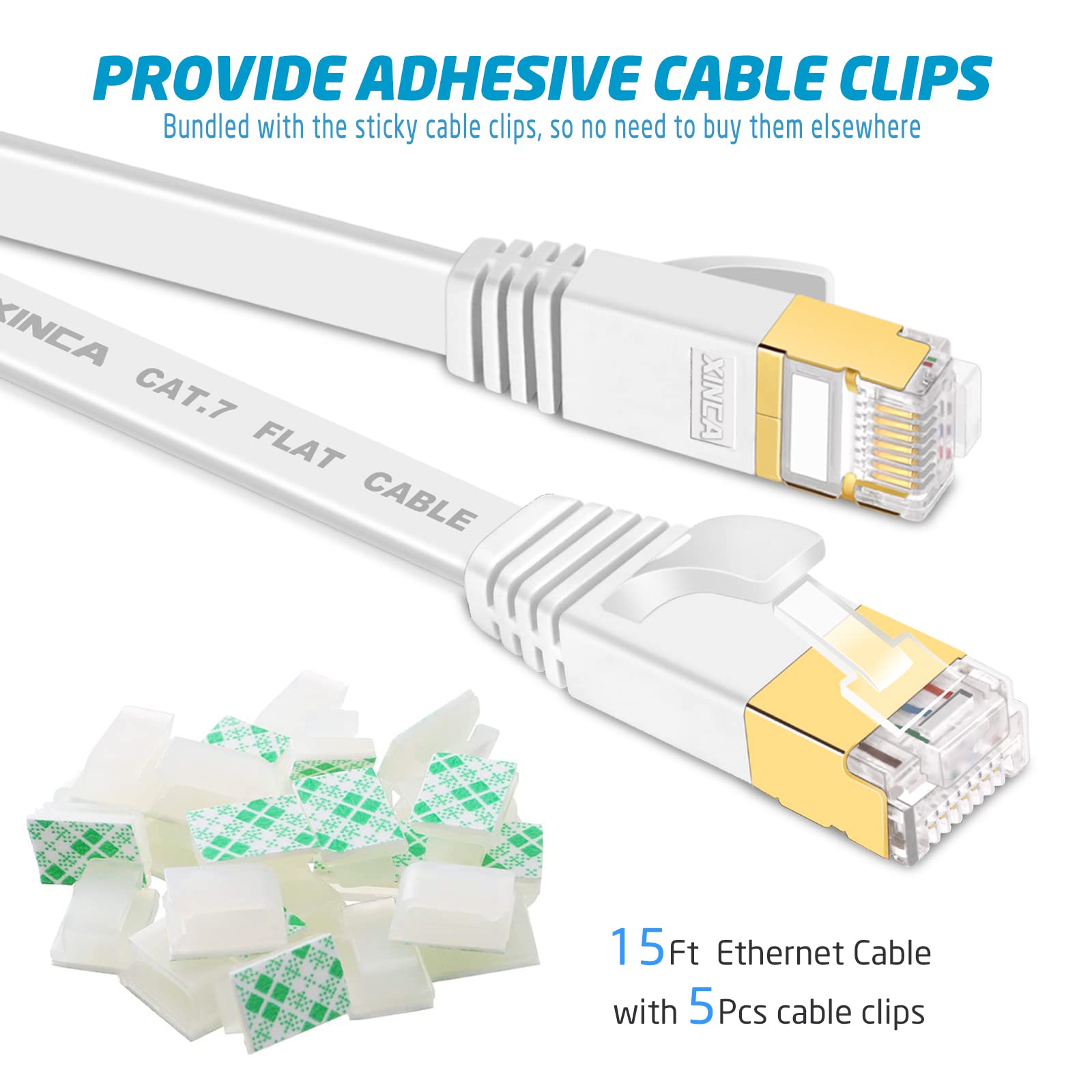 XINCA Cat 7 Flat Ethernet Cable 15ft White, High Speed 10GB Shielded (STP) LAN Internet Network Cable Ethernet Patch Computer Cable with Rj45 Connectors and 5pcs Adhesive Cable Clips