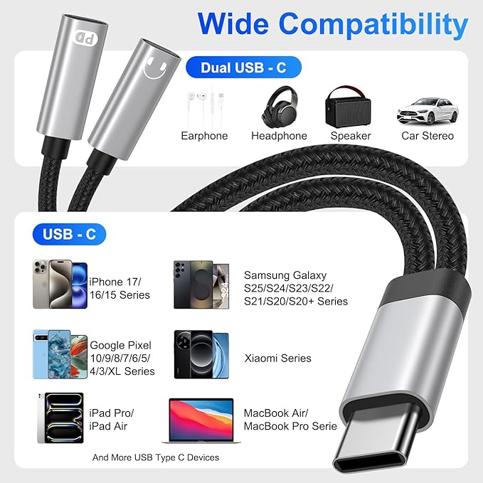 USB C Splitter,Dual USB C Headphone and Charger Adapter for Samsung Galaxy S25 Edge S24 S23 S22 S21 A17 A16 A15 2in1 Type C to Audio Jack Adapter with PD Fast Charging for iPhone 17 16 15 Pro Max 16e
