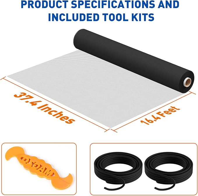 MAGZO Window Screen Replacement Mesh Roll, 37.4in × 16.4ft Upgraded 0.17mm WD High-Visibility Screen 20x20 Mesh for Porch Doors Repair Kit, Well-Ventilated Heavy Duty Woven for Garden, Patio