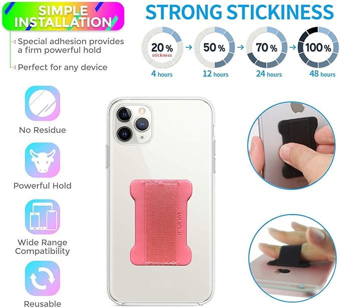 Universal Phone Grip for Smartphones - Phone Holder for Hand for Back of Phone - Wireless Charging Compatible (Black Pink) - 2Pack