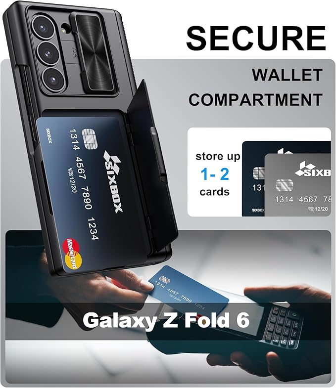 for Samsung Galaxy Z Fold 6 Case with Card Holder & Slide Camera Cover, Built-in Screen Protector & Hinge Protection, Shockproof Durable Wallet Phone Cover Case for Galaxy Z Fold 6 2024, Black