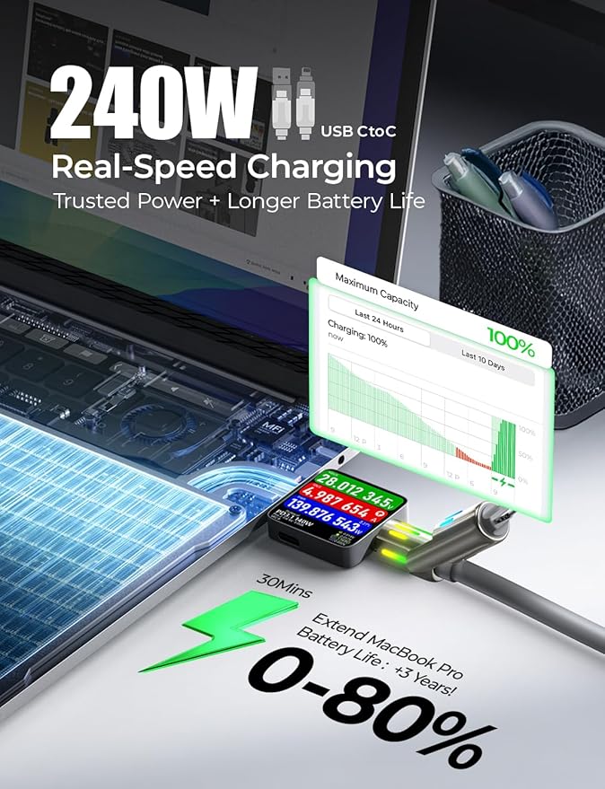 LISEN USB C to Lightning Cable, 240W 4 in 1 Charging Cable 6.6FT, Chubby USB A/C to C/Lightning with Light for iPhone 16e 16 15 14 Pro/MacBook/iPad/Samsung S25/Switch 2, Multi Chargers for All Devices