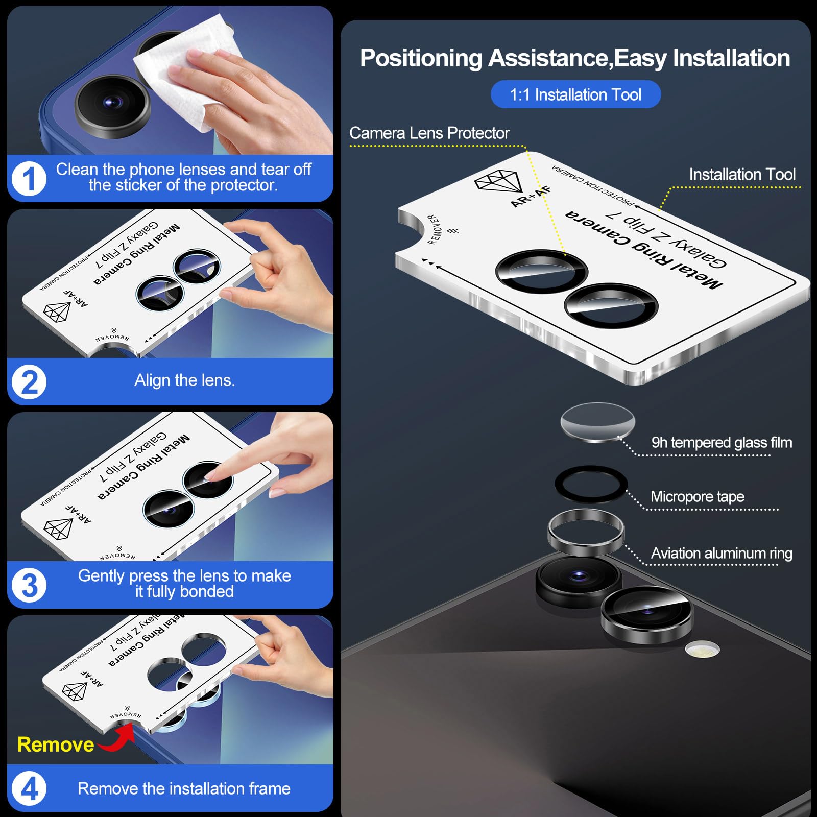 Avocase for Samsung Galaxy Z Flip 7 Camera Lens Protector, Individual Metal Ring Tempered Glass Lens Cover, [Strong Adsorption] Scratch Resistant Ultra-Thin HD Clear Lens Cover, 1 Set-Black Ring
