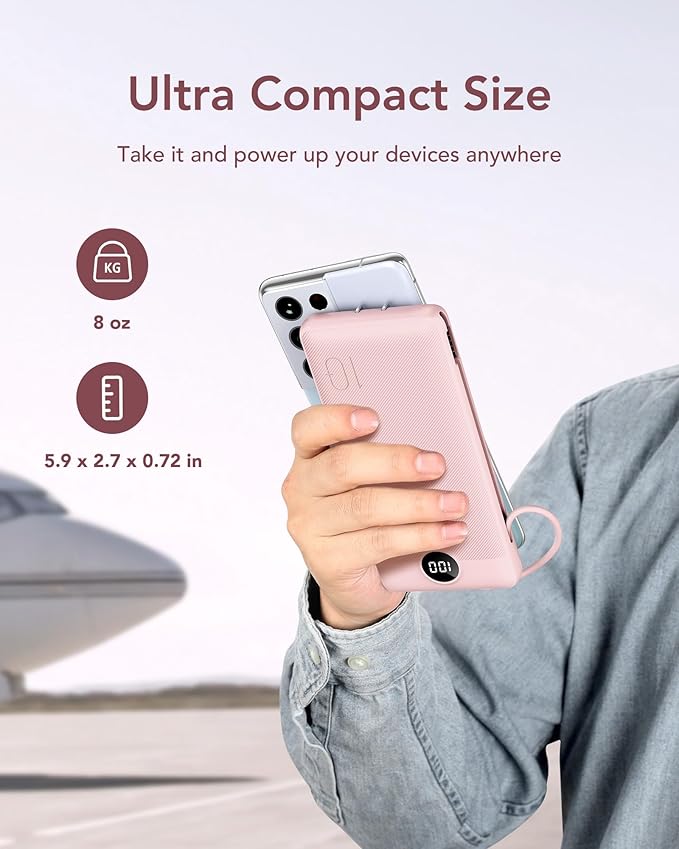 VEGER Portable Charger for iPhone with Built in Cables and Wall Plug, 10000mah Slim Fast Charging USB C Power Bank, Travel Essential Battery Pack Compatible with iPhone, iPad, Samsung etc(Crepe)