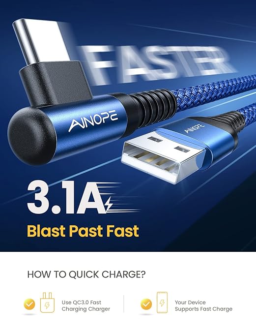 AINOPE USB C Cable 3ft Right Angle, 2-Pack USB to USB C Cable 3ft 3.1A Fast Charging Nylon Braided USB A to USB C Cable Blue Accessories Fit for Galaxy S20 S10 S9 S8 Plus,V30,V20,G6